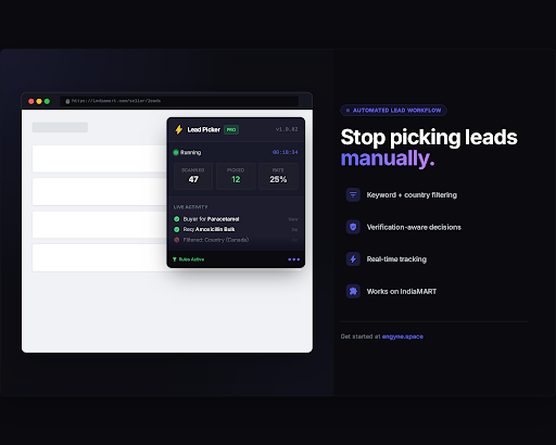 Engyne Chrome extension workflow for IndiaMART lead automation, keyword filtering, and verification-aware decisions.